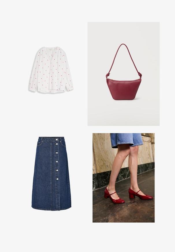 Hvid bluse med lange ærmer, små røde hjerteprint, rund halsudskæring og knapper foran.; Denimnederdel med høj talje, frontknaplukning og to sidelommer. Mørkeblå farve, lige snit og synlige syningsdetaljer.; Person iført skinnende røde Mary Jane blokhæle og nederdel i blå denim, som står på en mørk flisebelagt gulv nær en marmormur.; Lille skuldertaske i bordeaux læder med knyttet rem og lynlåslukning øverst mod en ensartet lys baggrund.