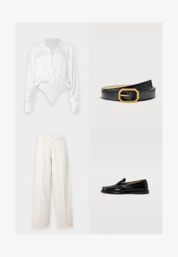 Valkoinen satiininen pitkähiha blouse, jossa on nappikiinnitys edessä, rento malli ja lyhyt muotoilu, joka yhdistyy body-malliseen alaosaan. Sileä pinta.; Off-white-väriset leveälahkeiset housut, joissa on vyölenkit, edessä nappi ja vetskari sekä sivutaskut, esitetty yksinkertaisella vaalealla taustalla.; Mustat nahkaiset loaferit pyöreällä varpaalla, koristeellisella tikkausompelulla ja tasaisella pohjalla. Sileä pinta ja minimalistinen muotoilu.; Musta nahkavyö kiiltävällä kultaisen sävyn kahdeksankulmaisella soljella, rullattuna ja asetettuna vaaleanharmaalle pinnalle.