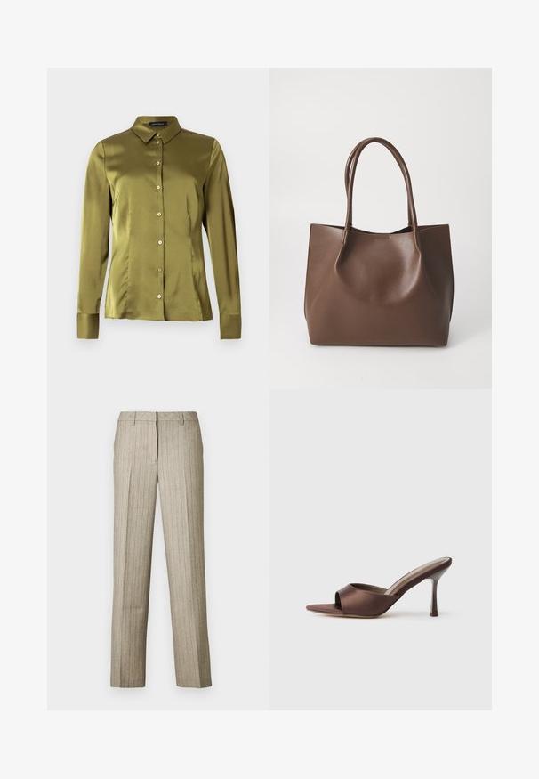 Chemise vert olive à manches longues avec col, fermeture à boutons sur le devant, et texture satinée lisse. Comporte cinq boutons et une coupe ajustée.; Pantalon beige à fines rayures avec une coupe droite, doté d'une ceinture structurée et d'une texture subtile sur l'ensemble du tissu.; Mule en satin marron à bout ouvert avec un talon fin de hauteur moyenne et une conception à enfiler sur fond blanc uni.; Sac en cuir marron avec deux longues poignées, forme structurée, texture lisse et design minimaliste. Aucun matériel ni accent visible.