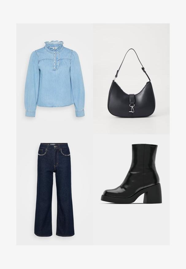 Lyseblå denimbluse med flæset krave, knaplukning fortil og lange ærmer. Har samlet detaljer og blød tekstur.; Mørkeblå brede ben jeans lavet af denim, med høj talje, to forlommer med dekorativ syning, og en enkelt knaplukning.; Sorte ankelstøvler med en blank finish, firkantet tå og en tyk blokhæl. Designet har en strømlinet silhuet og minimal branding.; Pieces PCLIKA SHOULDER BAG - Håndtasker - black