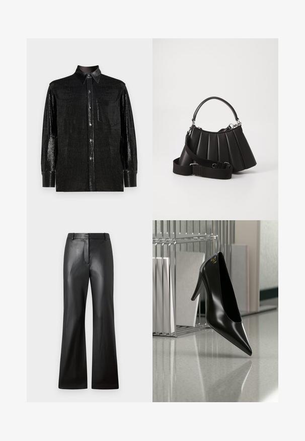 Schwarzes Langarmhemd aus glänzendem, strukturiertem Stoff. Mit einem Button-Down-Kragen, einer Brusttasche und Knopfverschluss.; Schwarze Lederhosen mit glatter Textur, weit geschnittenem Design und mid-rise Bund mit Gürtelschlaufen und Fronttaschen.; Schwarzer High-Heel-Schuh mit spitzer Zehe und goldem Logo, auf einer reflektierenden Oberfläche nahe einem verchromten Draht-Organizer mit Dokumenten positioniert.; Schwarze, gefaltete Handtasche mit einem runden Griff, verstellbarem Schulterriemen und glänzender Textur. Verfügt über silberne Hardware und eine strukturierte Silhouette.