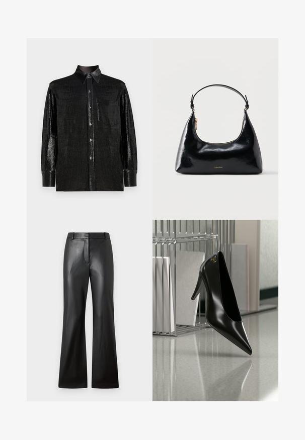 Schwarzes Langarmhemd aus glänzendem, strukturiertem Stoff. Mit einem Button-Down-Kragen, einer Brusttasche und Knopfverschluss.; Schwarze Lederhosen mit glatter Textur, weit geschnittenem Design und mid-rise Bund mit Gürtelschlaufen und Fronttaschen.; Schwarzer High-Heel-Schuh mit spitzer Zehe und goldem Logo, auf einer reflektierenden Oberfläche nahe einem verchromten Draht-Organizer mit Dokumenten positioniert.; Schwarze, glänzende Calvin Klein Handtasche mit goldfarbenem Reißverschluss und kurzem Trageriemen vor schlichtem weißem Hintergrund.