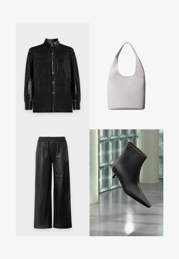 Chemise noire à manches longues en tissu brillant et texturé. Dotée d'un col à boutons, d'une poche poitrine à l'avant et de fermetures à boutons.; Pantalons larges en cuir noir avec une taille élastique, affichant une texture lisse et un minimalisme au niveau des coutures.; Bottine en cuir noir avec bout pointu et petit talon, présentée devant un mur en blocs de verre et un sol poli.; Sac fourre-tout en cuir blanc avec une bandoulière unique, texture douce et logo discret Calvin Klein près du centre en bas.