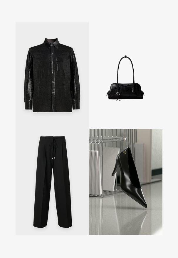 Chemise noire à manches longues en tissu brillant et texturé. Dotée d'un col à boutons, d'une poche poitrine à l'avant et de fermetures à boutons.; Pantalon noir à jambes larges avec taille à cordon, présentant des plis et une texture douce. Le design met l'accent sur le confort et une coupe ample.; Chaussure noire à talon haut avec bout pointu et logo doré, posée sur une surface réfléchissante près d'un organiseur de dossiers en fil chromé contenant des documents.; Sac à épaule en cuir noir à texture crocodile, avec de longues sangles et un petit charm logo argenté sur une sangle.