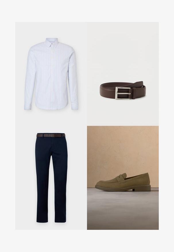 Lichtblauw herenoverhemd met knopen, verticale witte en dunne rode strepen, lange mouwen en een button-down kraag.; Marineblauwe trousers met een rechte pasvorm, gemaakt van katoen. Bevat een bruine leren riem en heeft een eenvoudig ontwerp zonder patronen of accenten.; Bruine suède loafer die boven een beige, gestructureerd tapijt zweeft in een woonkamer met een houten salontafel en opgestapelde boeken.; Donkerbruin leren riem met een zilveren rechthoekige gesp, netjes opgerold op een eenvoudige witte achtergrond.