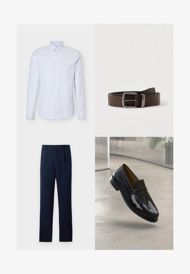 Hellblaues Herrenhemd zum Knöpfen mit vertikalen weißen und dünnen roten Streifen, langen Ärmeln und einem Button-Down-Kragen.; Marineblaue Hose aus glattem Stoff, mit einem einzigen Knopfverschluss, Falten und geraden Beinen. Minimalistisches Design ohne auffällige Muster.; Schwarze Lacklederloafers mit einer gestickten Akzentuierung, runder Zehenpartie, niedrigem Absatz und glatter Oberfläche, vor einem neutralen Hintergrund präsentiert.; Dunkelbrauner Leder-Gürtel mit silberner rechteckiger Schnalle, aufgerollt und gegen einen hellen neutralen Hintergrund platziert.