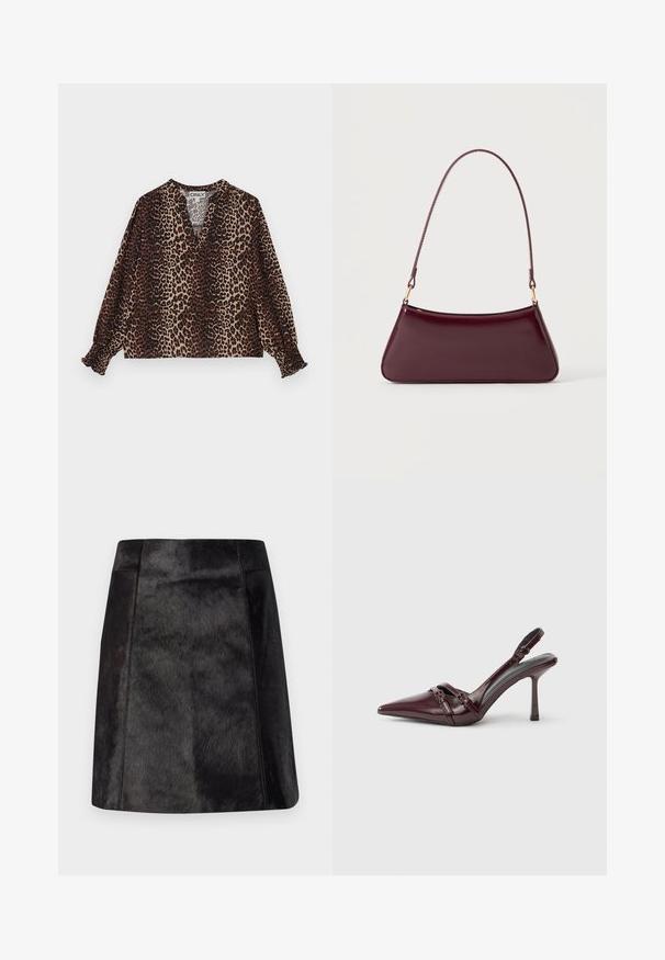 Bluse med leopardprint, V-udskæring, lange ærmer og elastiske manchetter. Fremstillet af et blødt, let stof i brune og beige nuancer.; Sort læder mini-nederdel med en glat, tekstureret overflade. Har en tætsiddende talje og rene linjer, der fremhæver det strømlinede design.; Bourgogne laklæder slingback-hæl med spids tå, tynd ankelrem og lille dekorativ spænde. Glat tekstur og høj hæl.; Mørk burgunderglans håndtaske med et enkelt tyndt håndtag og en elegant, trapezformet form på en ensartet lys baggrund.