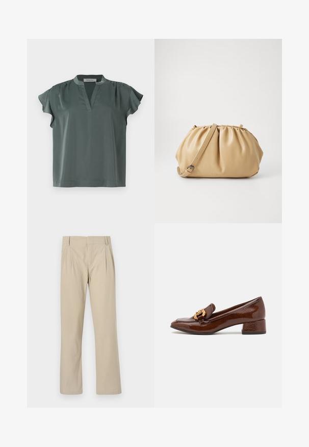 Korte mouwen, olijfgroene blouse van soepel stof met een V-hals en geplooide schouderdetails. Casual pasvorm met een rechte zoom.; Beige wijde broek van een katoenmix; met plooi aan de voorkant, rechte snit en riemlusjes. Goede textuur, geen patronen.; Bruine leren loafers met een glanzende afwerking, met een decoratieve gouden gesp aan de voorkant en een lage blokhak. Klassiek ontwerp.; Tan leren handtas met een geplooid ontwerp, verstelbare schouderriem en een ronde vorm. Minimalistische branding op het vooroppervlak.