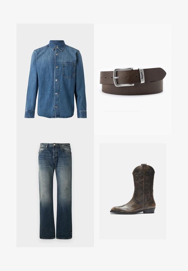 Blauw denim overhemd met lange mouwen, knopen aan de voorkant, puntige kraag en één borstzak op een witte achtergrond.; Donkerblauwe wijde spijkerbroek van denim. Kenmerkt zich door vervaagde details, een traditionele vijf-pocketontwerp en een metalen knoopsluiting bij de taille.; Bruine leren cowboylaars met een hoge schacht, spitse neus, ingewikkelde stikpatronen en een kleine hak. Gevarieerde afwerking overal.; Bruine leren riem met een zilverkleurige metalen gesp, voorzien van een rechthoekige vorm en meerdere gaten voor maatverstelling.