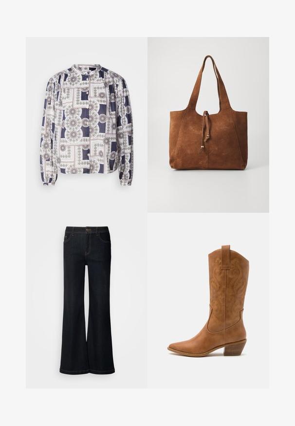 Mønstret bluse med rund halsudskæring, lange pufærmer, knaplukning, med geometriske designs i marineblå, hvid og grøn.; Mos Mosh MMDARA DELUXE JEANS - Jeans Relaxed Fit - dark blue; Tan læder cowboystøvle med spids tå, broderede svirvelmønstre på skaftet og en stablet blokhæl. Har en træksløjfe for nem af/på.; Brun ruskinds tote bag med to lange håndtag, snøre lukning og glat tekstur. Har et enkelt design og minimale accenter.