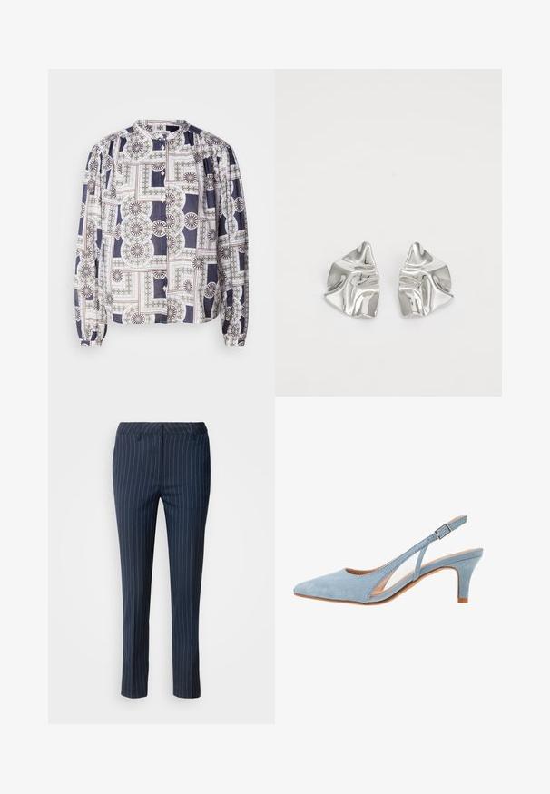 Gemusterte Bluse mit Rundhalsausschnitt, langen Puffärmeln und Knopfverschluss, die geometrische Designs in Marineblau, Weiß und Grün zeigt.; Marineblau gestreifte Hosen aus gewebtem Stoff, mit taillierter Passform, geradem Bein und vorderen Taschen mit glatter Textur.; Himmelblauer Suede Slingback-Absatzschuh, spitze Zehenform, verstellbarer Knöchelriemen mit metallischer Schnalle, natürliche beige Innensohle und niedriger Absatz.; Silberne Metallohrringe mit einem wellenförmigen, skulpturalen Design, das eine polierte Oberfläche und unregelmäßige Formen aufweist, die eine zeitgenössische Ästhetik betonen.