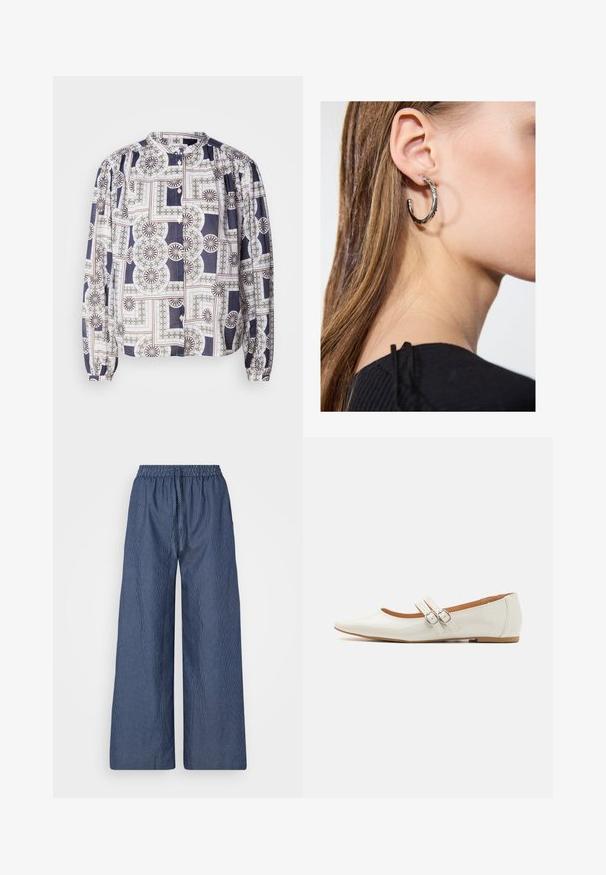 Blouse à motifs avec un col rond, de longues manches bouffantes, fermeture à boutons, présentant des designs géométriques dans des couleurs marine, blanche et verte.; Pantalons amples légers à rayures bleues et blanches, avec une taille à cordon de serrage et un bandeau élastique, en tissu doux et à coupe décontractée.; Ballerines en cuir verni blanc avec un bout pointu, deux sangles décoratives avec des boucles en argent, et une semelle marron discrète.; Boucle d'oreille en argent avec une finition polie, présentant de petits détails en or et de forme ronde, portée sur le lobe.