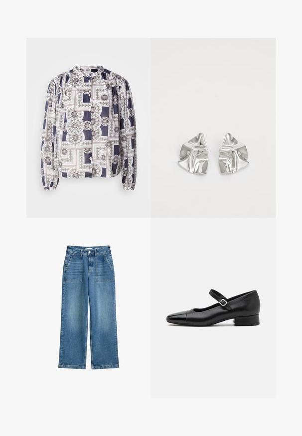 Mønstret bluse med rund halsudskæring, lange pufærmer, knaplukning, med geometriske designs i marineblå, hvid og grøn.; Højhalsede, brede bukser i blå denim med frontlommer, bæltestropper og lukning med frontknap og lynlås.; Sorte læder Mary Jane-sko med en patenttå, justerbar ankelrem og lav blokhæl. Glat tekstur og strømlinet design.; Sølvmetal øreringe med et bølgende, skulpturelt design, der har en poleret overflade og uregelmæssige former, hvilket fremhæver en moderne æstetik.