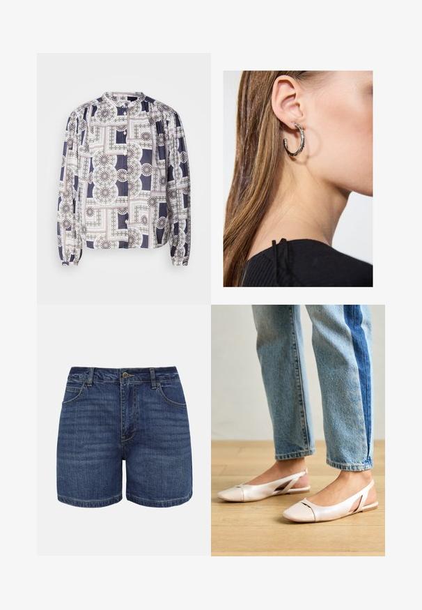 Blouse à motifs avec un col rond, de longues manches bouffantes, fermeture à boutons, présentant des designs géométriques dans des couleurs marine, blanche et verte.; Shorts en denim bleu foncé avec bouton frontal, fermeture éclair, passants pour ceinture et poches avant, présentés sur un fond blanc.; Ballerines slingback rose pâle avec un bout pointu, fabriquées en un matériau semblable au cuir lisse. Présentent des découpes sur les côtés et un talon plat.; Boucle d'oreille en argent avec une finition polie, présentant de petits détails en or et de forme ronde, portée sur le lobe.