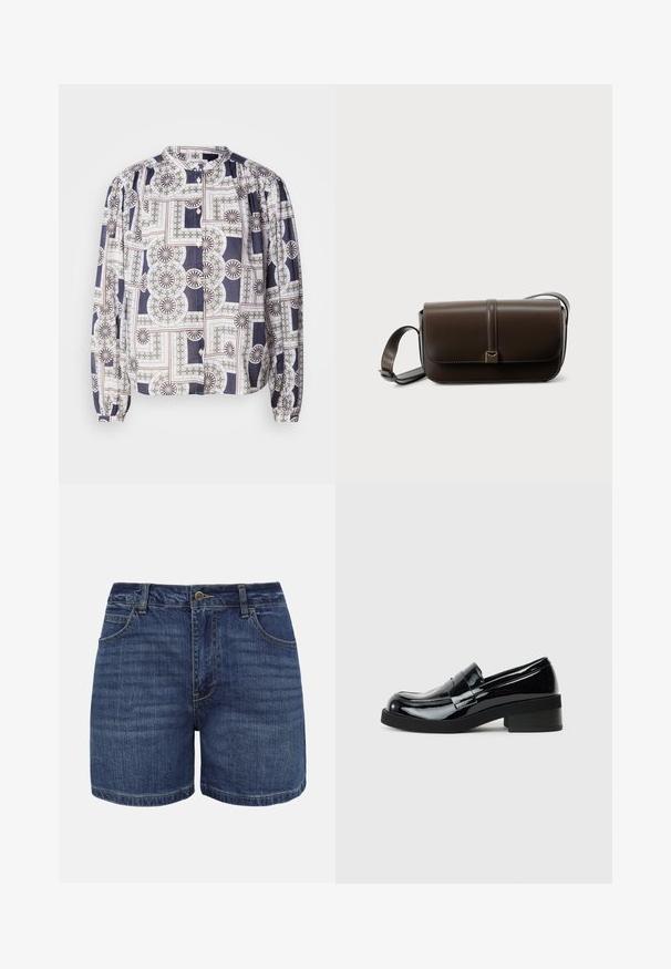 Gemusterte Bluse mit Rundhalsausschnitt, langen Puffärmeln und Knopfverschluss, die geometrische Designs in Marineblau, Weiß und Grün zeigt.; Dunkelblaue Jeansshorts mit vorderer Knopfleiste, Reißverschluss, Gürtelschlaufen und vorderen Taschen, dargestellt vor weißem Hintergrund.; Schwarze Lacklederschuhe mit runder Zehenpartie, niedrigem Blockabsatz und glattem, glänzendem Finish. Verfügt über einen dekorativen Riemen über der Vorderseite.; Braune Leder-Umhängetasche mit Klappverschluss, goldfarbenen Beschlägen und verstellbarem Riemen. Glatte Textur mit einer Naht als Detail.