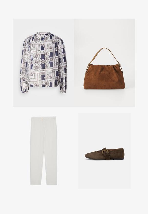 Blouse à motifs avec un col rond, de longues manches bouffantes, fermeture à boutons, présentant des designs géométriques dans des couleurs marine, blanche et verte.; Pantalon blanc sur mesure avec une coupe droite, doté d'une fermeture à bouton, de passants de ceinture et de poches latérales ; texture de tissu lisse.; Chaussure plate en daim marron avec une large bride et une boucle dorée, bout arrondi et semelle noire basse, vue de profil sur fond blanc.; Sac à main en daim marron avec un design plissé, arborant une seule sangle en cuir beige et un discret logo doré à l'avant.