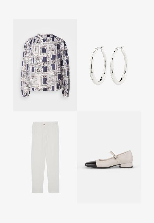 Blusa estampada con un cuello redondo, mangas largas abullonadas, cierre de botones, que presenta un diseño geométrico en colores azul marino, blanco y verde.; Pantalones blancos, ajustados, con un diseño de pierna recta, que cuentan con un cierre de botón, lazos para cinturón y bolsillos laterales; textura de tela suave.; Zapato estilo Mary Jane en cuero crema con puntera de charol negro. Presenta una punta redonda, tirante en el tobillo con una hebilla cuadrada y un tacón bajo y cuadrado.; Pendientes de aro de plata con un acabado suave y brillante. Forma circular, con un cierre seguro. Diseño sencillo y elegante.
