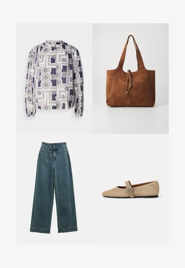 Gemusterte Bluse mit Rundhalsausschnitt, langen Puffärmeln und Knopfverschluss, die geometrische Designs in Marineblau, Weiß und Grün zeigt.; Weite Jeanshose in verblasstem Blau mit hoher Taille, zwei Fronttaschen und klassischem Knopfverschluss. Der Stoff hat eine weiche, glatte Textur.; Beige Wildleder Mary Jane Ballerinas mit spitzer Zehe und einem verstellbaren Riemen mit einer silbernen Schnalle. Schwarze flache Sohle.; Braune Wildleder-Handtasche mit zwei langen Griffen, Kordelzugverschluss und glatter Textur. Sie zeichnet sich durch ein einfaches Design und minimale Akzente aus.