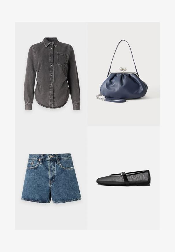 Dunkelgraues Jeanshemd mit langen Ärmeln, Knopfleiste, spitzem Kragen, einer Brusttasche und abgerundetem Saum. Strukturiert mit sichtbaren Nähten.; Denim-Shorts in Mittelblau mit hoher Taille, fünf Taschen, kontrastierenden Nähten und einem Metallknopfverschluss. Strukturierter Stoff mit einem leichten Verblassen.; Schwarzer Netz-Ballerinaschuh mit rundem Zehenbereich und verstellbarem Mary-Jane-Riemen mit silberner Schnalle, auf schlichtem hellgrauem Hintergrund.; Weiche navyblaue Ledertasche mit silberner Verschlussklammer, einem einzelnen Schulterriemen und abnehmbarem Ketten-Handgelenksriemen auf weißem Hintergrund.