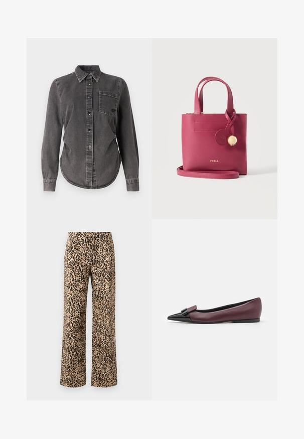 Mørk grå denimskjorte med lange ærmer, knaplukning, spidse kraver, enkelt brystlomme og rundet kant. Struktureret overflade med synlige sømme.; Leopardprint brede benbukser i beige og sort. Fabrik i bomuldsblanding med en glat tekstur, der har et højt talje design og ingen synlige metaldele.; Bordeauxfarvet lædersko med flad sål og spids tå, med en sort, blank accent ved tåen og et elegant design.; Lille dyb pink læderhåndtaske med dobbelte håndtag, aftagelig rem, gyldent logo og rund lædermærke med gyldent vedhæng.