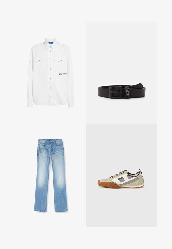 Wit katoenen overhemd met knopen, voorzien van twee borstzakken, zilverkleurige drukkers en blauwe logo tekst aan de linkerkant.; Lichtblauwe rechte jeans gemaakt van denim, met een vervaagde afwerking, vijf-pocket ontwerp en zichtbare stiksels langs de naden.; Athletische sneakers met een beige bovenwerk met grijze en witte accenten, gestructureerd suède en een patroonrubberen zool. Inclusief bruine veters en een treklus.; Diesel DAVE - Riem - t8013
