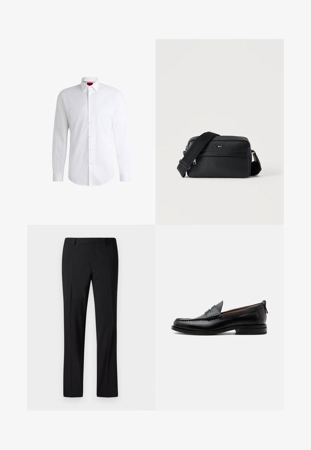 Weißes Herrenhemd aus glattem Stoff mit klassischem Kragen, langen Ärmeln und abgerundetem Saum. Mit eleganten beigen Knöpfen an der Vorderseite.; Schwarze, maßgeschneiderte Hose mit geradem Bein, ausgestattet mit einer glatten Textur, gefaltetem Vorderteil und einem klassischen Bund für ein formelles Erscheinungsbild.; Schwarzer Leder-Herrenschuh mit Mokassinnaht, Penny-Riemen, strukturiertem Kragen und niedrigem gestapeltem Absatz auf weißem Hintergrund.; Schwarze, strukturierte Leder-Crossbody-Tasche mit vorderer Reißverschlusstasche und verstellbarem breitem Stoff-Schulterriemen auf weißem Hintergrund.