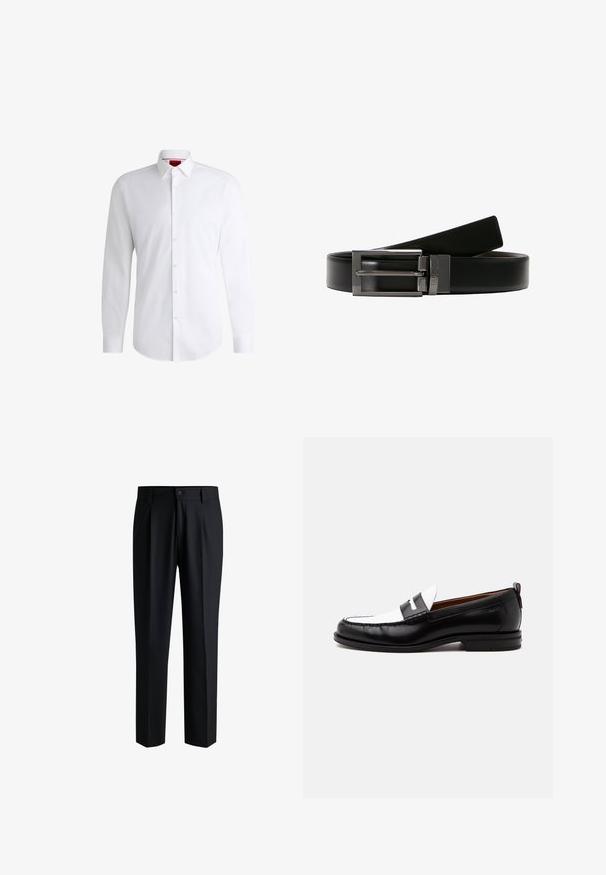 Chemise blanche à manches longues en tissu lisse avec un col classique et un ourlet arrondi. Présente des boutons beiges à l'avant.; Pantalons noirs en tissu lisse, avec une coupe droite, des plis à l'avant et une fermeture à bouton avec passants de ceinture.; Mocassin en cuir noir et blanc avec des détails cousus, un petit talon et un design slip-on, présenté de profil sur un fond uni.; Ceinture en cuir noir avec une boucle en métal argenté brillant. La boucle présente un design à double ardillon. Texture lisse avec une finition polie.