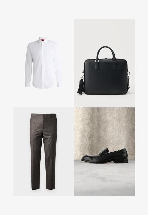 Witte overhemden van soepel materiaal met een klassieke kraag, lange mouwen en een afgeronde zoom. Voorzien van beige knopen aan de voorkant.; Bruine visgraatbroek met een slim fit, voorzien van een knoopsluiting aan de voorkant en zijzakken, gemaakt van een gestructureerde stof met een subtiele glans.; Zwarte leren loafer met metalen accent, zwevend weergegeven boven een beige tapijt, met een ronde, amberkleurige tafel op de achtergrond.; Zwarte aktetas van getextureerd leer met twee handvatten en een afneembare schouderband, met een zilveren rits en metalen beslag.