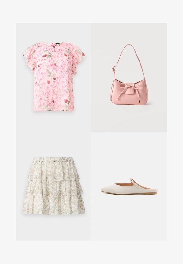 Blouse rose clair à manches courtes avec un motif floral et fraises délicat, dotée de manches à volants et d'un col rond.; Jupe blanche avec un design en couches et volants. Présente un motif floral délicat en rose et vert. Taille élastique pour plus de confort.; Mule en cuir blanc avec un embout pointu et une petite bride de cheville. Présente une semelle intérieure brun clair et une semelle en caoutchouc beige. Texture lisse.; Petit sac bandoulière rose pastel avec sangle réglable et détail nœud à l'avant avec extrémités dorées sur un fond uni.