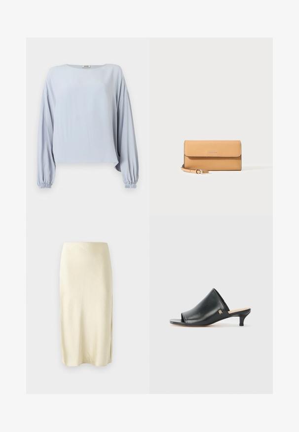 Blouse bleu clair à manches longues avec larges poignets froncés et coupe ample, dotée d'un col rond et d'un design uni.; Jupe midi en satin jaune pâle avec une texture lisse, présentant une fente latérale et un design à coupe droite. Silhouette simple et élégante.; Mules ouverts en cuir noir avec un talon bas. Présentent une surface lisse et un accent logo doré sur le côté.; Porte-monnaie bracelet en cuir texturé couleur marron clair avec rabat, logo argenté et sangle assortie détachable sur fond blanc.
