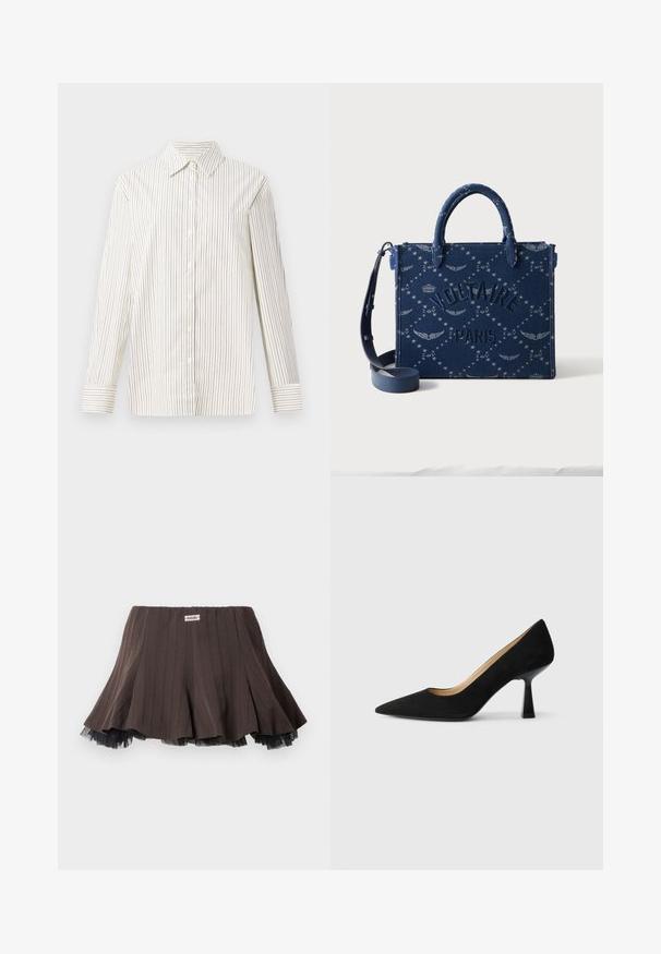 Chemise à manches longues, boutonnée, en crème avec de fines rayures verticales marron, dotée d'un col classique et d'une poche poitrine.; Jupe plissée marron en tissu texturé, avec un ourlet en tulle noir superposé et une petite étiquette de logo à la taille.; Pompe à talons hauts en suède noir avec un bout pointu, dotée d'un talon bloc noir brillant et d'une doublure intérieure lisse.; Sac cabas bleu marine avec doubles poignées, bandoulière amovible, embossage « Voltaire Paris » et motif étoiles et ailes.