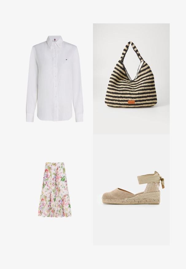 Chemise blanche à manches longues avec boutons, col pointu et petit logo Tommy Hilfiger sur la poitrine gauche.; Jupe plissée florale en tissu léger, avec un mélange de teintes rose, verte et violette. Tombe sous le genou avec une taille froncée.; Espadrille beige avec une tige en toile, un talon texturé tissé et une semelle en jute tressé ; dispose d'une bride à la cheville pour un maintien sécurisé.; Sac tissé rayé en noir et beige, avec un design décontracté, une surface texturée et une petite pièce en cuir en accent.
