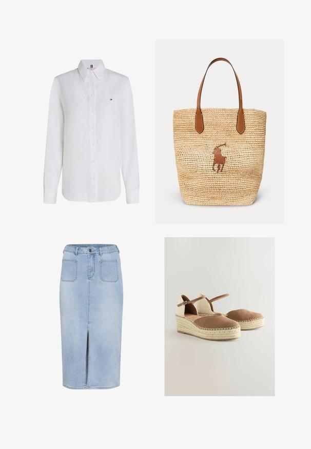 Hvid skjorte med lange ærmer og knapper, med spids krave og lille Tommy Hilfiger-logo på venstre bryst.; Lys blå denim midi-nederdel med en forkortet slids, fem lommer og en tætsiddende talje med bæltestropper og knaplukning.; Brune ruskind wedgesko med en vævet beige ryg, ankelstrop og flettet jute sål. Rund tå og polstret inderside.; Flettet stråtaske med brune læderhåndtag og et syet læderlogo af en polo-spiller på hest i midten.