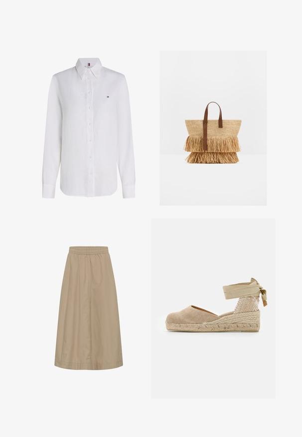 Chemise blanche à manches longues avec boutons, col pointu et petit logo Tommy Hilfiger sur la poitrine gauche.; Jupe beige trapèze avec taille élastique, détail de couture avant et ourlet à hauteur du genou.; Espadrille beige avec une tige en toile, un talon texturé tissé et une semelle en jute tressé ; dispose d'une bride à la cheville pour un maintien sécurisé.; Sac cabas en paille tissée avec deux couches de franges en paille et des poignées en cuir marron, debout sur une surface blanche.