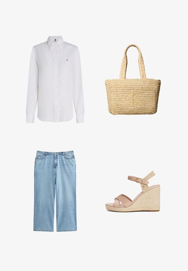 Witte lange mouwen blouse met knopen, spitse kraag en klein Tommy Hilfiger-logo op de linkerborst.; Lichtblauwe denim culottes met een hoge taille, brede benen en een vijf-pocket ontwerp met contrasterende stiksels en een knoopsluiting.; Wedge sandaal met een beige leren bovenkant, kruislings gespen over de tenen en een geweven jute hak. Kenmerkt een verstelbare sluiting en een zachte voetbed.; Beige geweven draagtas met twee handvatten en een verhoogd "ck"-logo dat in het midden aan de voorkant is gestikt.