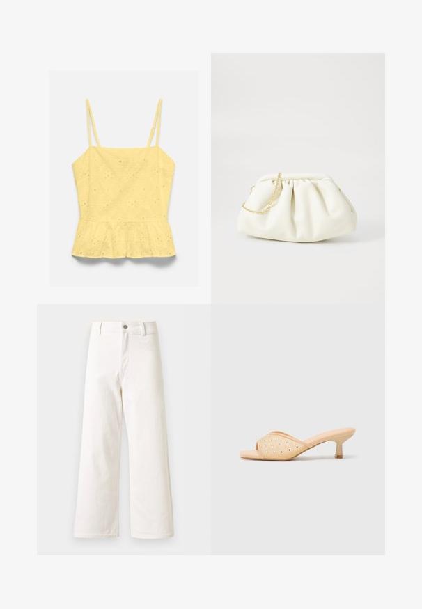 Haut jaune sans manches avec fines bretelles réglables, motif floral ajouré et ourlet volanté style peplum.; Pantalon en denim blanc à taille haute et jambes larges, fermeture devant par bouton et zip, passants pour ceinture, sans poches visibles.; Mules à talons ouverts beige avec une finition matte lisse, ornés de strass transparents disposés en motif sur le dessus.; Sac à main en cuir blanc avec un design plissé, doté d'une bandoulière en chaîne dorée et d'une forme arrondie. Texture lisse avec des plis doux et sans motifs.