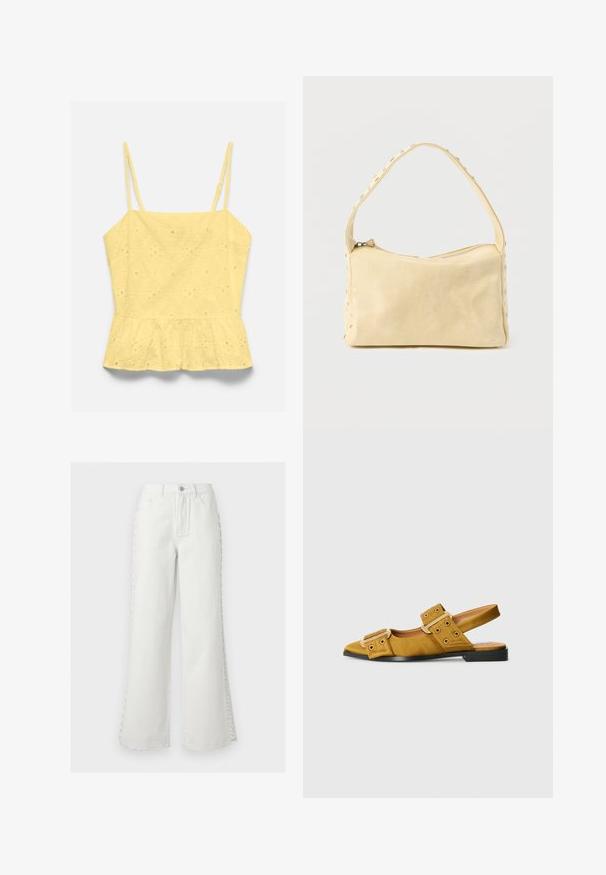 Geel mouwloos topje met dunne verstelbare bandjes, bloemig eyelet-patroon en geplooide peplumzoom.; Witte wijde jeans met hoge taille, voorzakken, riemlussen, knoopsluiting en decoratieve zijstrikdetails aan beide pijpen.; Geel suède slingback schoen met twee grote gespen, ronde neus, lage hak en zwarte zool. Bevat perforaties op de banden.; Kleine beige leren handtas met een enkele band en zilveren studs langs de randen en band, tegen een effen achtergrond.