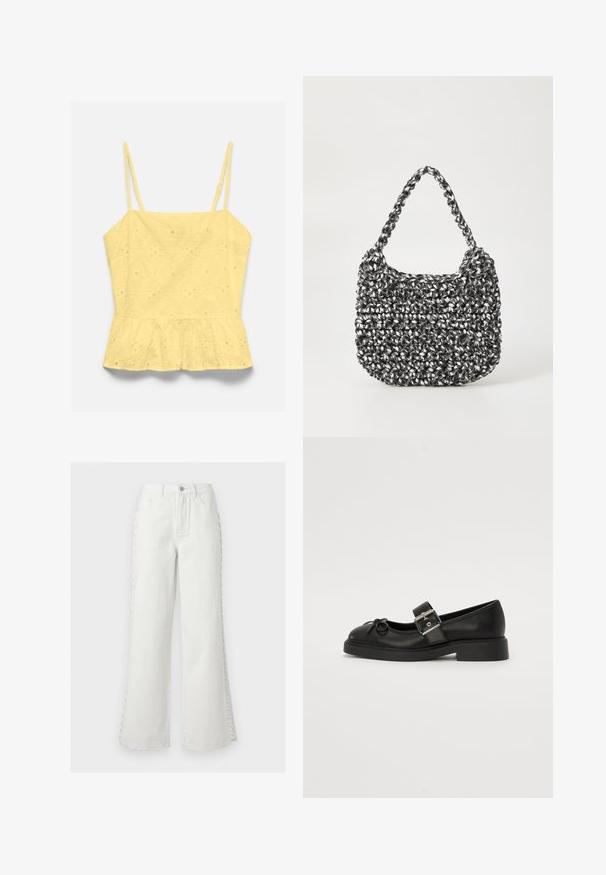 Haut jaune sans manches avec fines bretelles réglables, motif floral ajouré et ourlet volanté style peplum.; Jeans blancs taille haute à jambes larges avec poches avant, passants pour ceinture, fermeture par bouton, et détail décoratif de laçage sur les côtés des deux jambes.; Chaussure Mary Jane en cuir noir avec un bout arrondi, une sangle à la cheville et des détails en boucle argentée. Présente une semelle plate et épaisse ainsi qu'un accent en nœud.; Sac en osier noir et blanc de forme arrondie, avec une surface texturée et une poignée tressée. Convient à un usage décontracté.