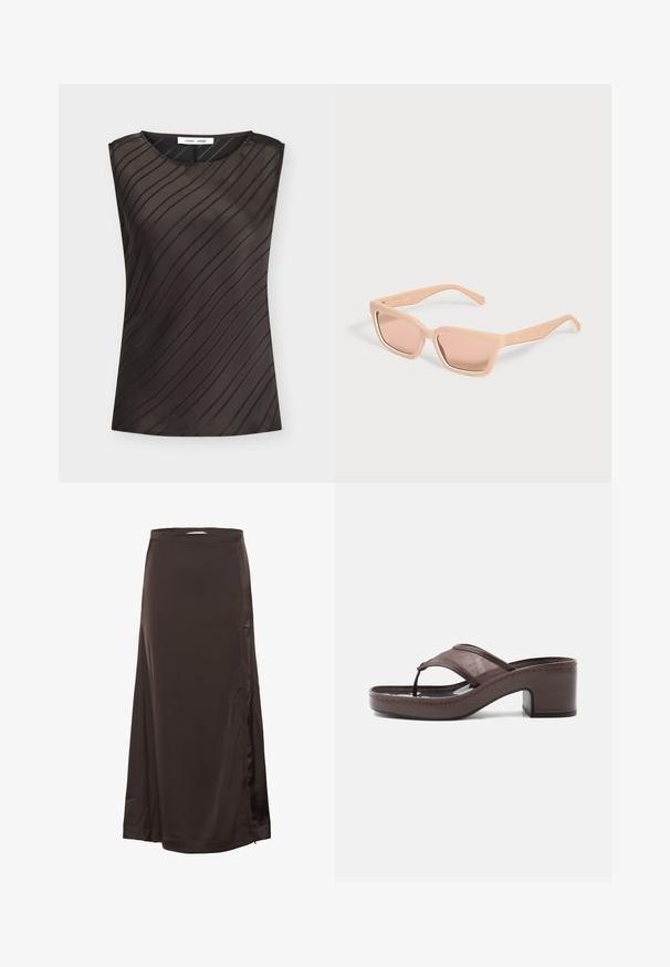 Top sin mangas de color marrón oscuro con rayas diagonales negras, escote redondo y etiqueta de la marca en el interior del cuello.; Larga falda de satén marrón oscuro con cintura entallada y sutil abertura lateral, textura suave y ligero brillo.; Sandalia marrón con tacón, banda de malla y diseño de tira, con tacón cuadrado y suela cosida, mostrada de perfil sobre fondo blanco.; Gafas de sol rectangulares color melocotón claro con montura gruesa y lentes tintadas a juego sobre un fondo claro y liso.
