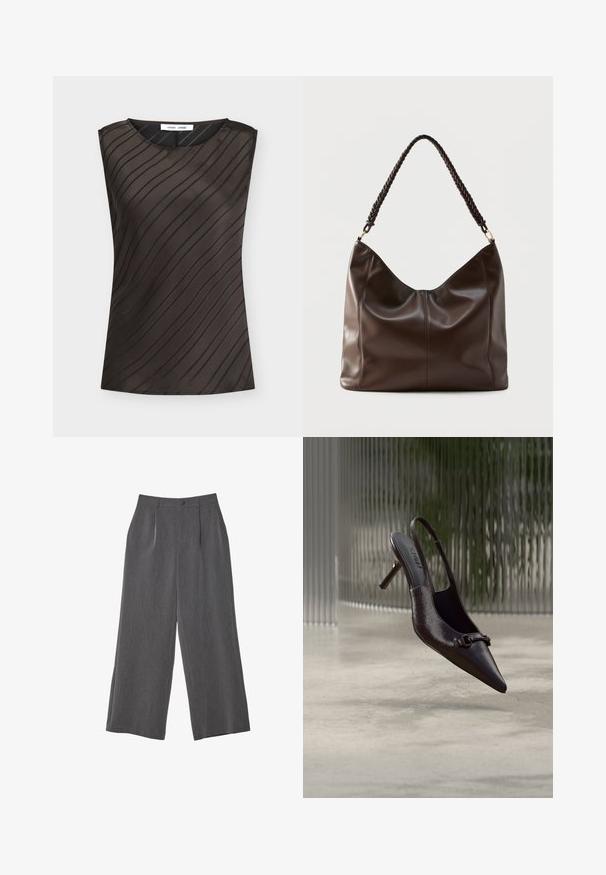 Haut sans manches marron foncé avec des rayures noires diagonales, col rond et étiquette de la marque à l'intérieur du col.; Pantalons gris à jambes larges avec une finition texturée, dotés de plis avant, d'un système de fermeture à boutons et d'une taille sans passants pour ceinture.; Escarpin slingback noir brillant à bout pointu avec une petite boucle décorative, flottant au-dessus d'un sol en béton avec un fond en verre texturé.; Sac à bandoulière en cuir brun foncé avec une poignée tressée et des coutures apparentes sur le devant.