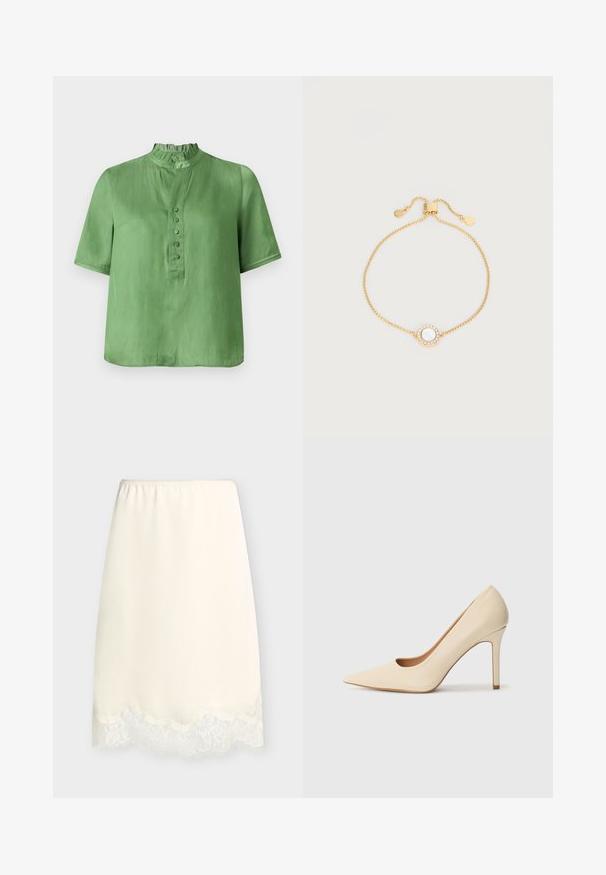 Chemise verte à manches courtes avec un col montant à volants, une patte de boutonnage à l'avant et une texture lisse. Coupe droite avec un design décontracté.; Demi-jupon couleur crème avec taille élastique et bordure en dentelle le long de l'ourlet, présenté sur un fond clair uni.; Escarpin en cuir beige à talon haut avec un bout pointu et un détail découpé sur le côté, possédant un talon stiletto fin pour le soutien.; Bracelet chaîne réglable en or avec une pierre centrale blanche circulaire entourée de petits cristaux clairs.