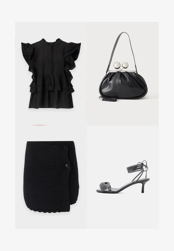 Blouse noire à manches courtes avec des accents froncés, texture verticale et fermeture par bouton. Présente un col haut et des volants superposés à l'ourlet.; Châle tricoté noir présentant un motif texturé, un ourlet en scallop et deux gros boutons pour la fermeture. Matériel doux avec un design chaleureux.; Sandale à talon en cuir gris avec une bride nouée sur les orteils et des lacets enroulants autour de la cheville, sur un talon moyen et fin, sur fond blanc.; Sac à main en cuir noir avec un design plissé, une sangle unique, un cadre métallique argenté et deux grandes fermoirs ronds en argent.