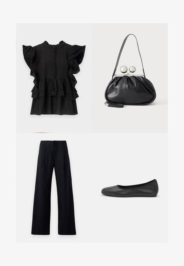 Schwarze Bluse mit kurzen Ärmeln, mit Rüschendetails, vertikaler Textur und einer Knopfleiste. Sie hat einen hohen Ausschnitt und gestufte Rüschen am Saum.; Schwarze, gestreifte Hose mit weitem Bein, die scharfe Falten und einen sauberen Abschluss aufweist. Hergestellt aus einem glatten, leichten Stoff.; Schwarze Leder-Ballettschuhe mit abgerundeter Spitze, glatter Textur, minimalen Nähdetails und einem flexiblen Sohlen-Design.; Schwarze Ledertasche mit gerafftem Design, einem einzelnen Riemen, silbernem Metallrahmen und zwei großen runden silbernen Verschlüssen.