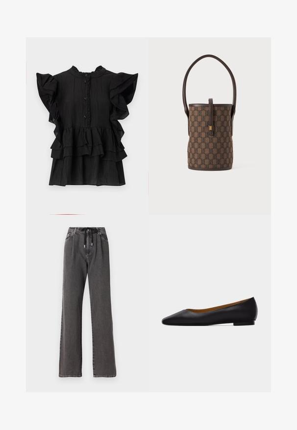 Sort bluse med korte ærmer, rynkede detaljer, lodret tekstur og knaplukning. Har høj halsudskæring og lagdelte flæser i kanten.; Løsgribede grå denim bukser med snoretræk i taljen og forlommer, fremstillet af blød, robust bomuldsstof.; Sort læder flad sko med spids tå, lav hæl og glat finish, vist fra siden på en lysegrå baggrund.; Brun bøttepose med mørkt geometrisk mønster, mørk læderkant, enkelt håndtag øverst og lukning med guldfarvet spænde på forsiden.