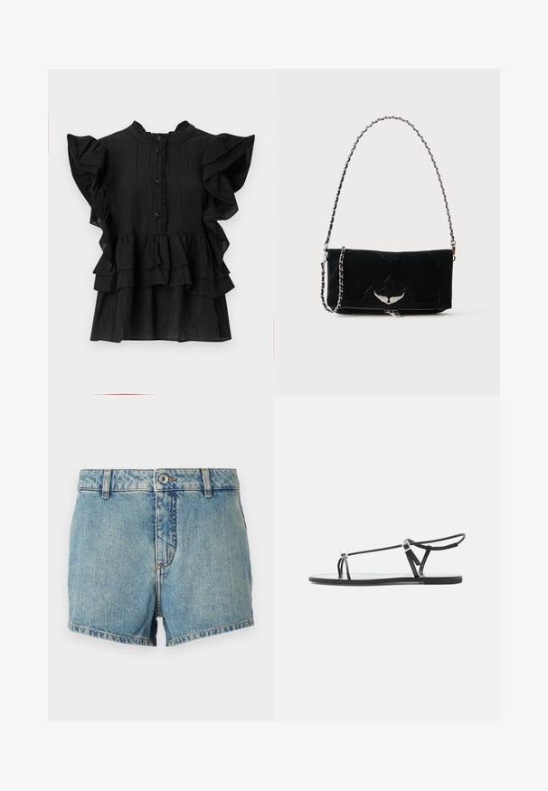 Zwarte blouse met korte mouwen, versierd met ruches, verticale textuur en een knoopsluiting. Heeft een hoge halslijn en gelaagde randen aan de onderkant.; Lichtblauwe denimshorts met een vervaagde textuur, rechte snit en afgewerkte randen. Voorzien van een knoopsluiting aan de voorkant en een klassieke 5-pocket stijl.; Zwarte platte sandaal met dunne bandjes, een teenlus en een verstelbare enkelgesp op een lichtgrijze achtergrond.; Zwarte rechthoekige handtas met zilverkleurig gevleugeld embleem aan de voorkant en een zilveren kettingriem tegen een effen achtergrond.