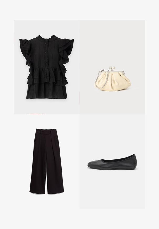 Blouse noire à manches courtes avec des accents froncés, texture verticale et fermeture par bouton. Présente un col haut et des volants superposés à l'ourlet.; Pantalon noir à jambes larges avec taille haute, passants pour ceinture, poches latérales et plis à l'avant, présenté à plat sur fond blanc.; Ballerines en cuir noir avec un bout rond, texture lisse, détails de couture minimalistes et design de semelle flexible.; Pochette en cuir beige plissé avec un cadre en métal argenté, dotée de deux fermoirs ronds décoratifs et d'une chaîne en argent.