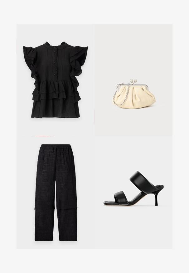Sort bluse med korte ærmer, rynkede detaljer, lodret tekstur og knaplukning. Har høj halsudskæring og lagdelte flæser i kanten.; Henrik Vibskov SHANTS PANTS - Bukser - black; Sort læder mule sandal med to brede remme og en slank mellemhøj stiletthæl på en ensartet lys baggrund.; Plisseret beige læderclutch med en sølvmetalramme, der har to runde dekorative låse og en sølvkædetrasporte.
