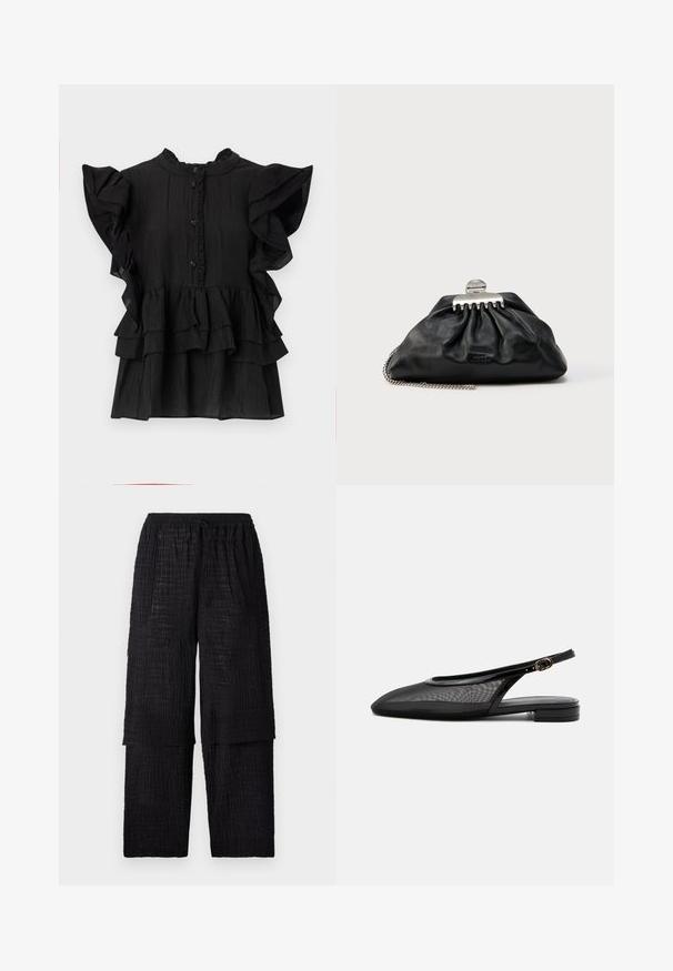 Schwarze Bluse mit kurzen Ärmeln, mit Rüschendetails, vertikaler Textur und einer Knopfleiste. Sie hat einen hohen Ausschnitt und gestufte Rüschen am Saum.; Henrik Vibskov SHANTS PANTS - Stoffhose - black; Schwarzer Slingback-Flachschuh mit spitzer Kappe, Mesh-Obermaterial, verstellbarem Schnallenriemen und niedrigem Blockabsatz auf weißem Hintergrund.; Schwarze Leder-Clutch mit gerafftem Design, silberner Verschluss-Hardware und Kettenriemen. Dezentes Markenlogo auf der Vorderseite geprägt.