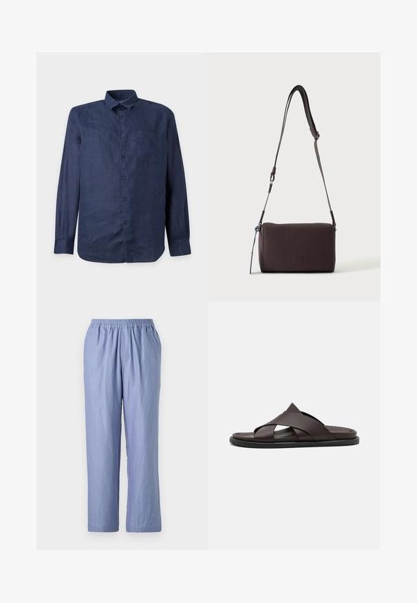 Chemise bleu foncé à manches longues boutonnée, avec une poche poitrine unique et un col classique sur un fond clair uni.; Pantalon bleu clair à coupe fluide avec une taille élastique, deux poches latérales et des jambes droites. Fabriqué en tissu doux avec une texture lisse.; Stuart Weitzman BERKLEY - Mules - espresso; Sac bandoulière en cuir marron foncé texturé avec une sangle réglable et un petit accent décoratif bleu sur le côté.