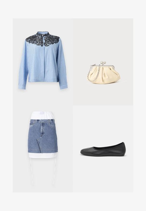 Blauw-wit gestreepte blouse met lange mouwen, verticale strepen, met zwarte kanten bloemenborduursels rond de kraag en knoopsluiting bij de hals.; Denimrok met een blauwe body, witte geperforeerde tailleband en trekkoord. Heeft voorzakken en een rechte snit met een rauwe zoom.; Zwarte leren ballerina met een ronde neus, gladde textuur, minimale stikdetails en een flexibele zoolontwerp.; Geplooide beige leren clutch met een zilveren metalen frame, voorzien van twee ronde decoratieve sluitingen en een zilveren kettingriem.